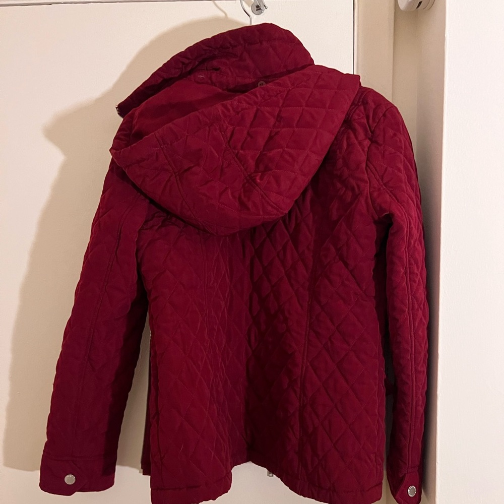 London fog coat in burgundy. Tag photographed for size.